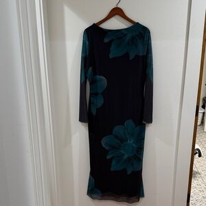 SHEIN Black and Teal Floral Long Sleeve Dress